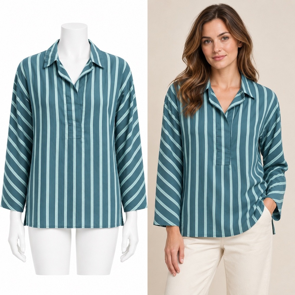 Lafayette 148 Maryanna Blouse Womens XS Teal Striped V-Neck Quiet Luxury Coastal
